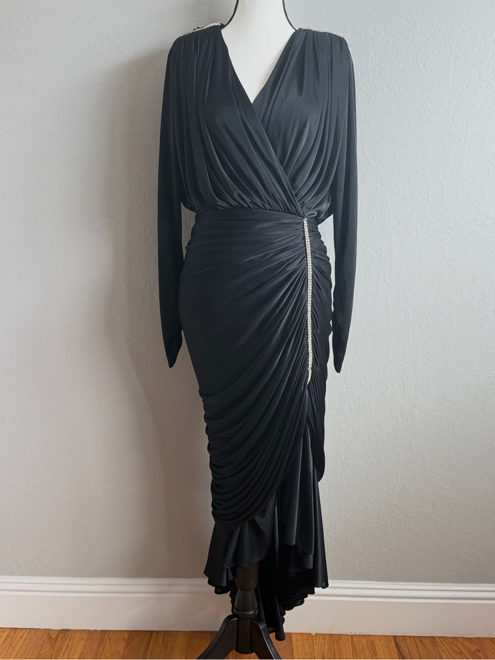Vintage 80s Susan Roselli Draped Ruched Rhinestone Mob Wife Maxi Gown Dress 9/10